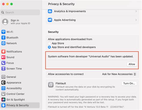 when i go into sec an priv there is no request to allow apps downloaded from UAD. . Uad click allow in security and privacy ventura